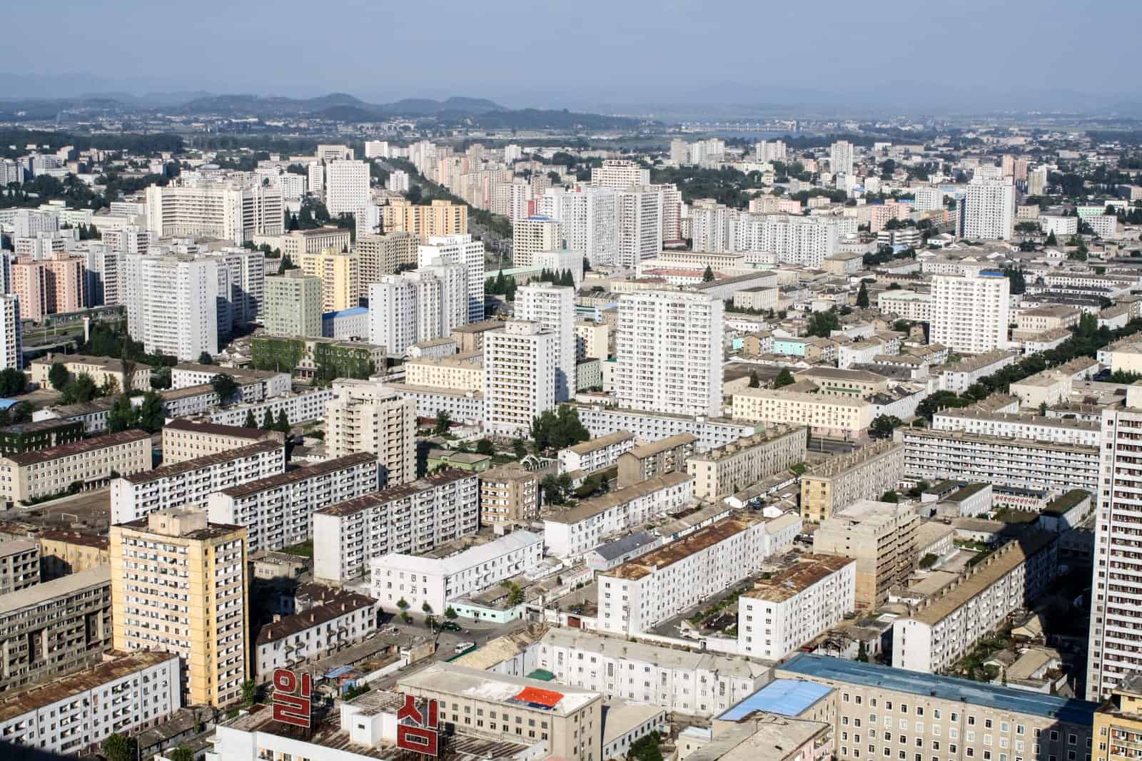 The high rise buildings of Pyongyang, the capital of North Korea