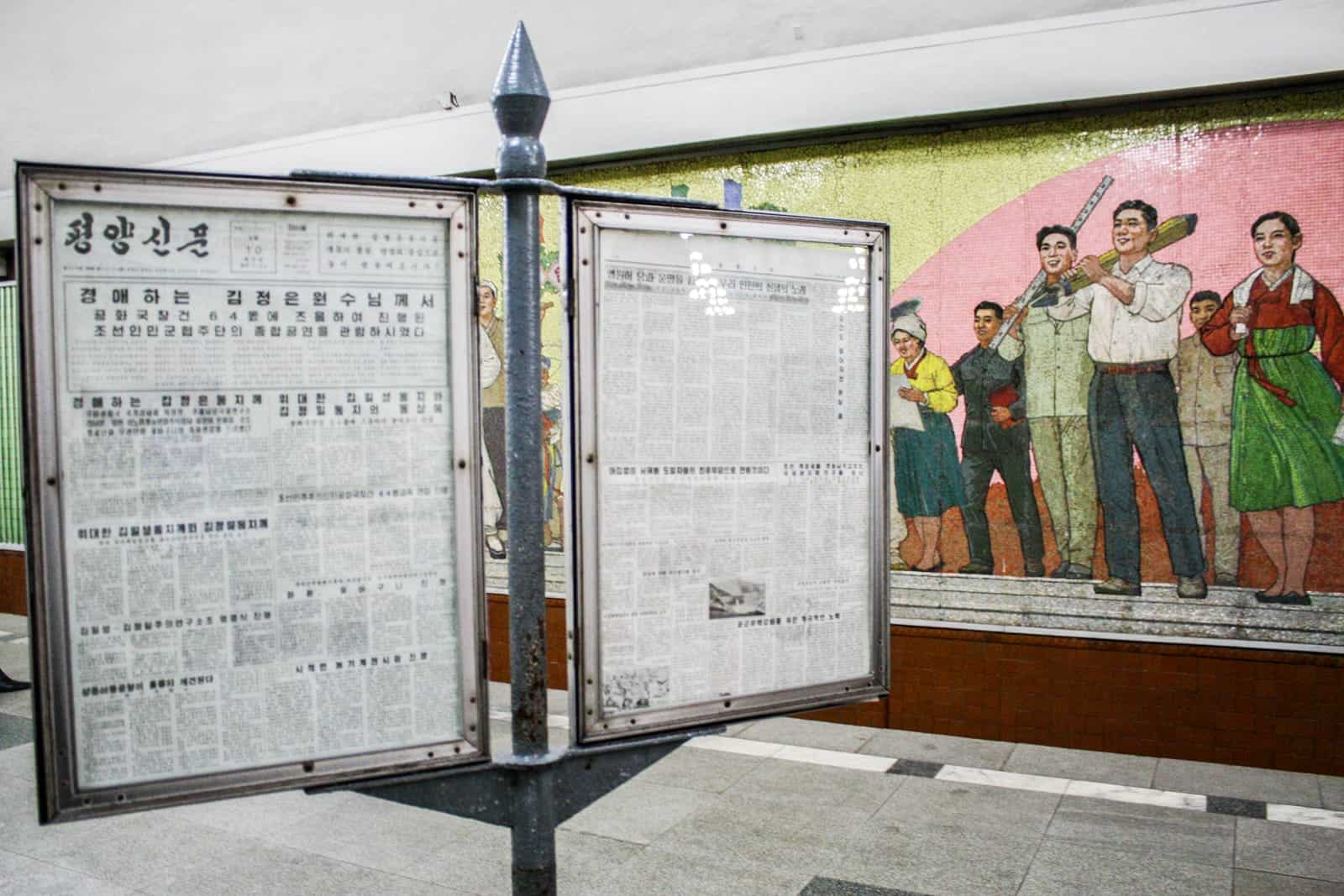 Newspaper on the platform of the Pyongyang metro subway platform which tourists can visit