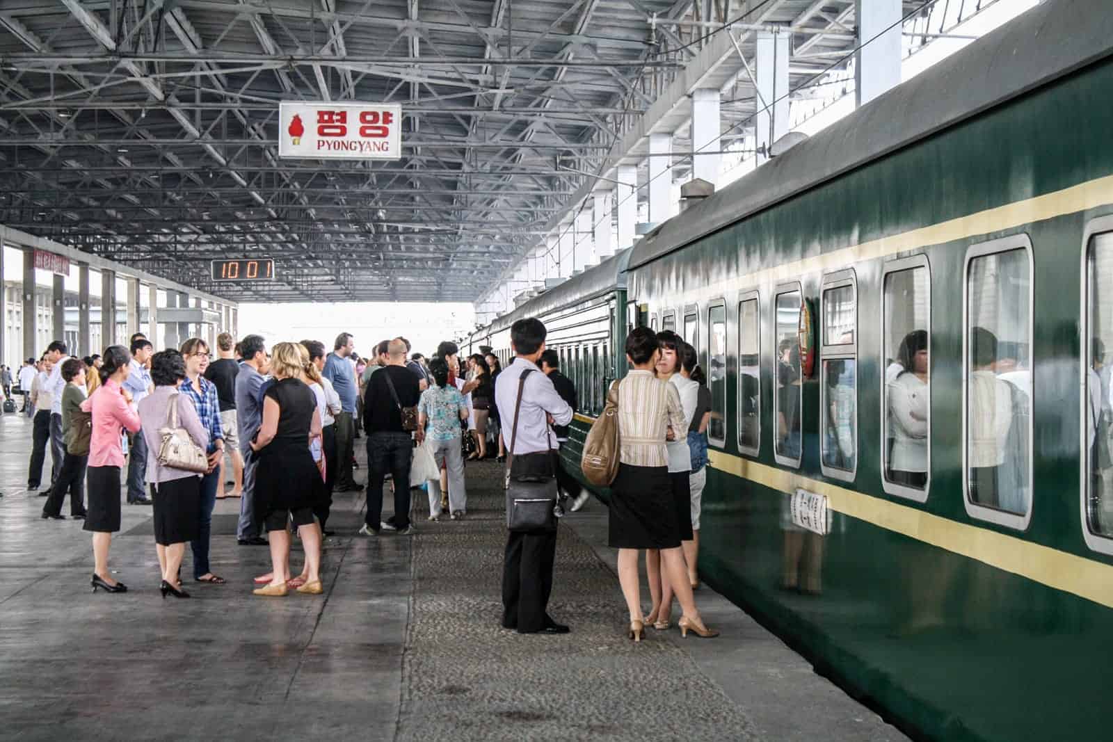 Platform at the Pyongyang train station where tourists to North Korea travel back to Beijing, China