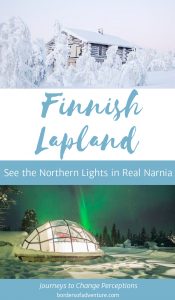 An image of a wooden house in the snow (top) and a glass igloo under green northern lights in Finland, with the wording 'Finish Lapland'.