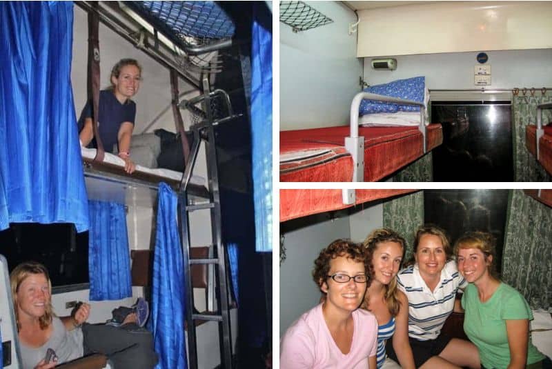 Two women on a train carriage bunkbed with blue curtains, and four women in a private bunk bed train cabin with red mattresses and green curtains. 