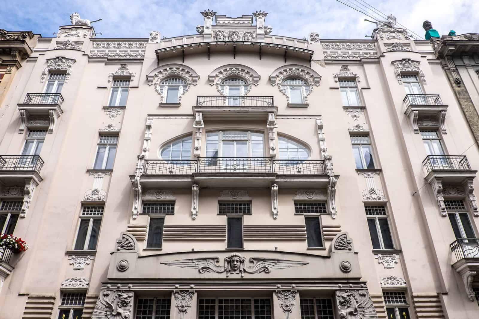 White facade of Art Nouveau building in Riga, Latvia