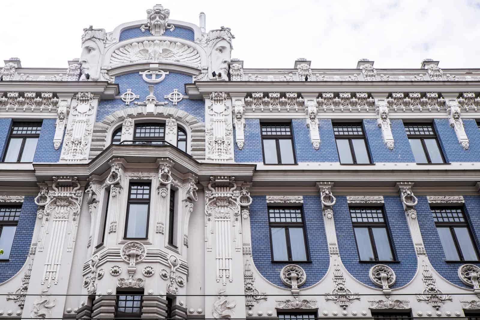 Blue and white facade of Art Nouveau building in Riga, Latvia