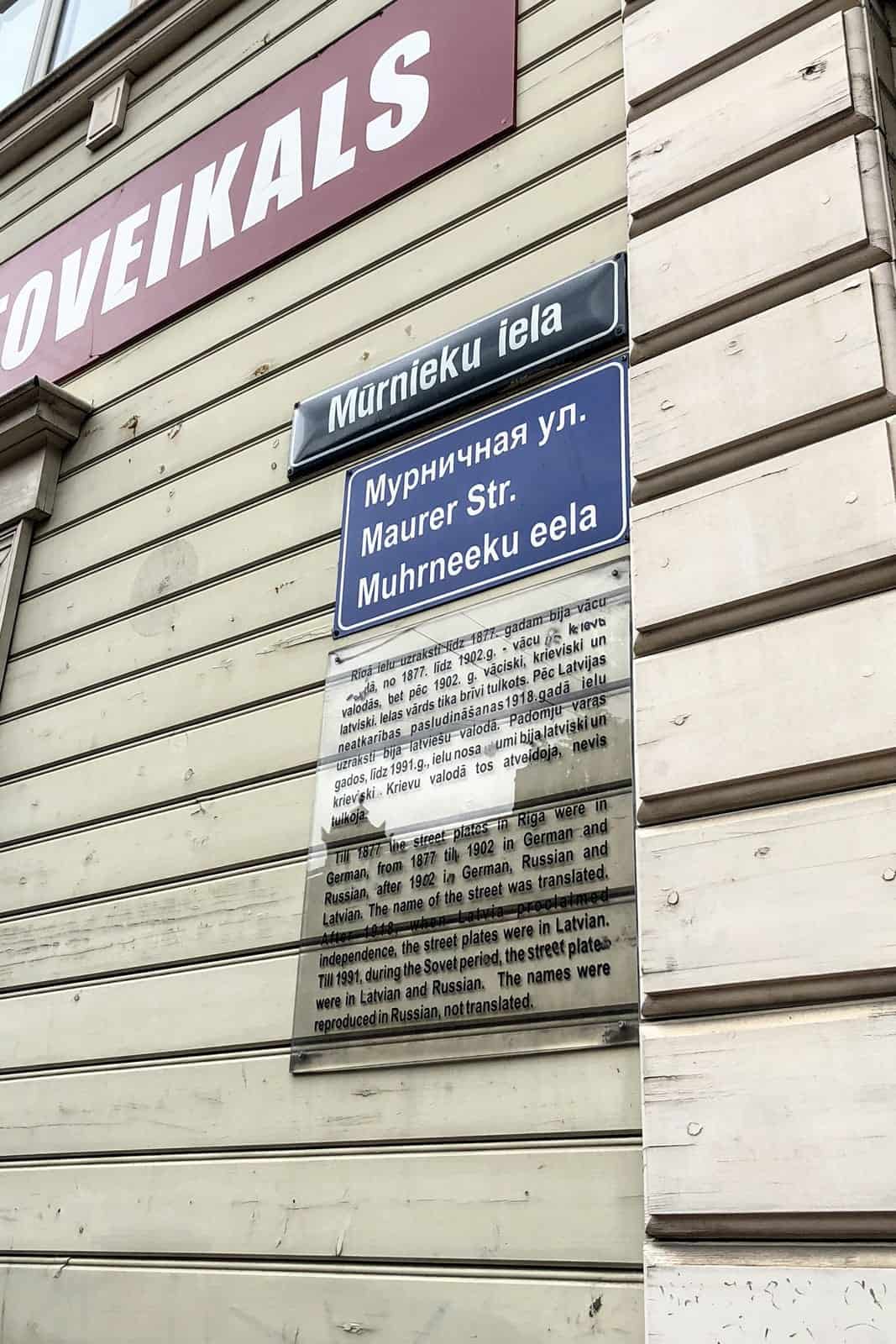 Street sign in Riga written in different languages 