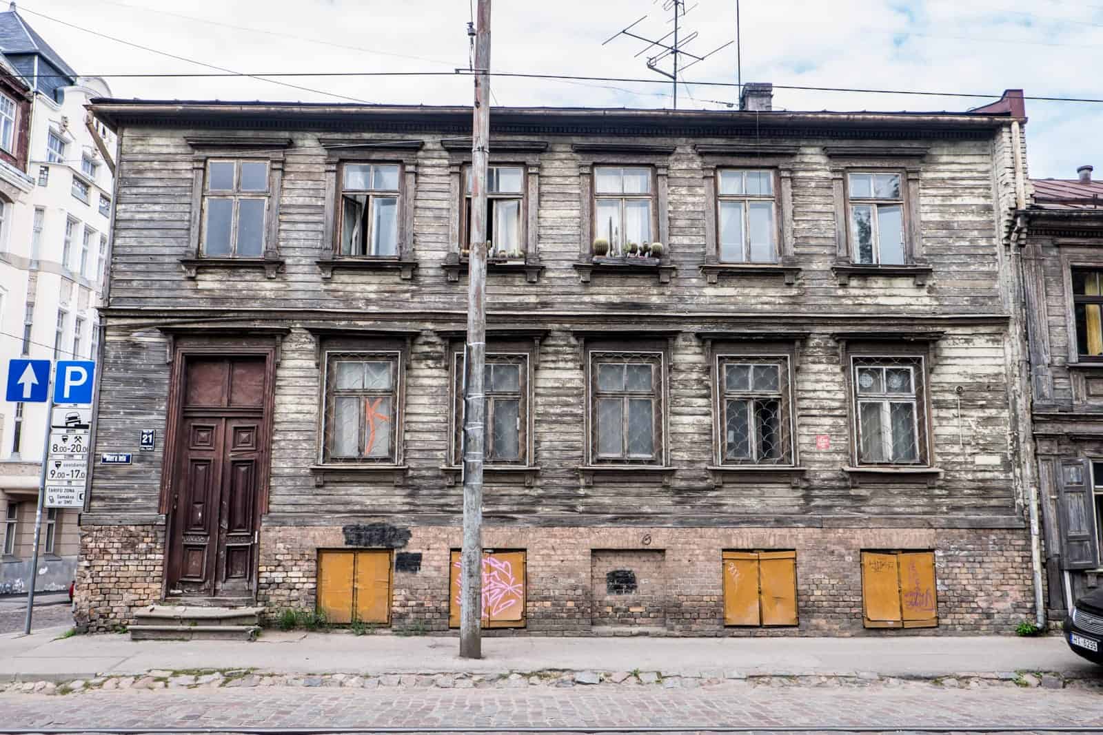 Neighbourhood in Riga outside of the Old Town with old stores and buildings, Latvia