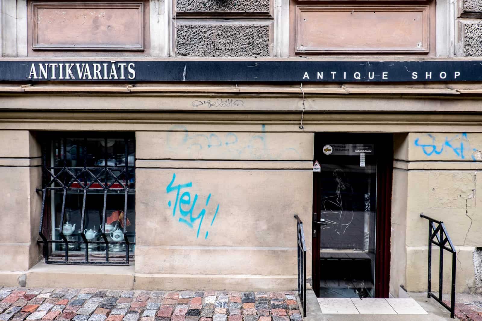 Shop front of an old soviet antiques store in Riga, Latvia