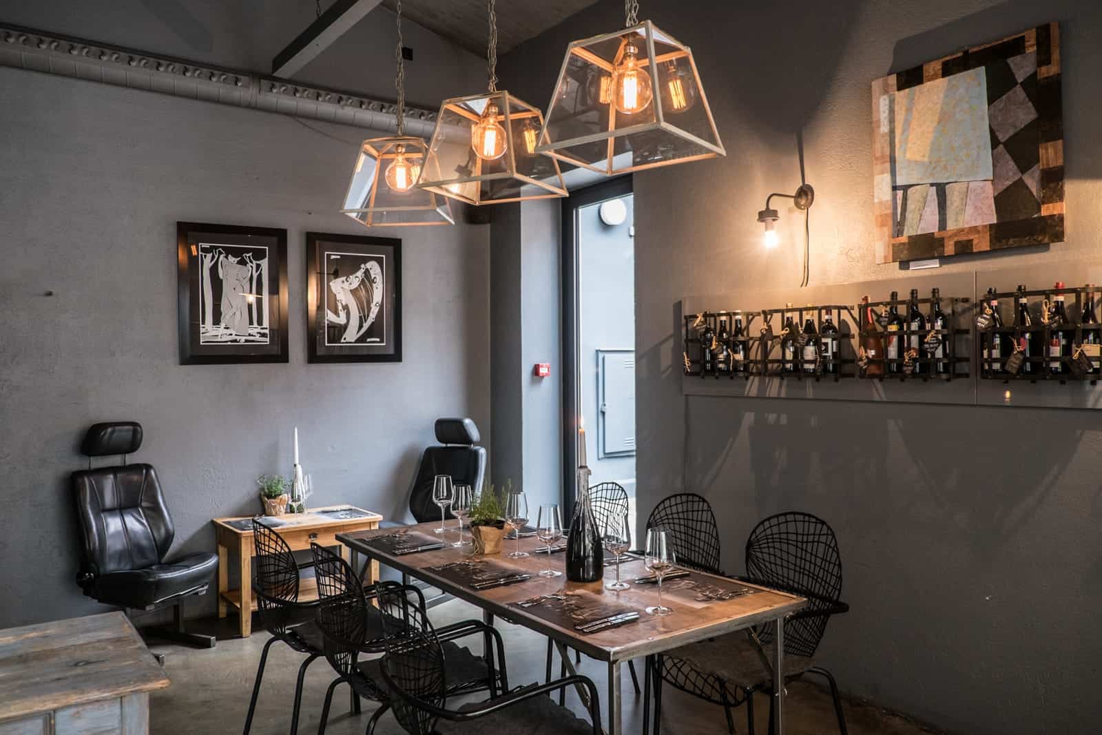 The interior of contemporary cuisine restaurant Garage Wine Bar in Riga