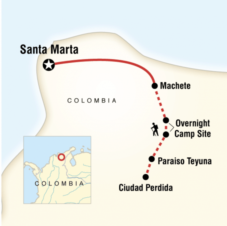 A map showing the trekking route from Santa Marta to Ciudad Perdida, Colombia, via Machete, an Overnight Camp Site, and Paraiso Teyuna. A small inset map shows the location in northern Colombia.