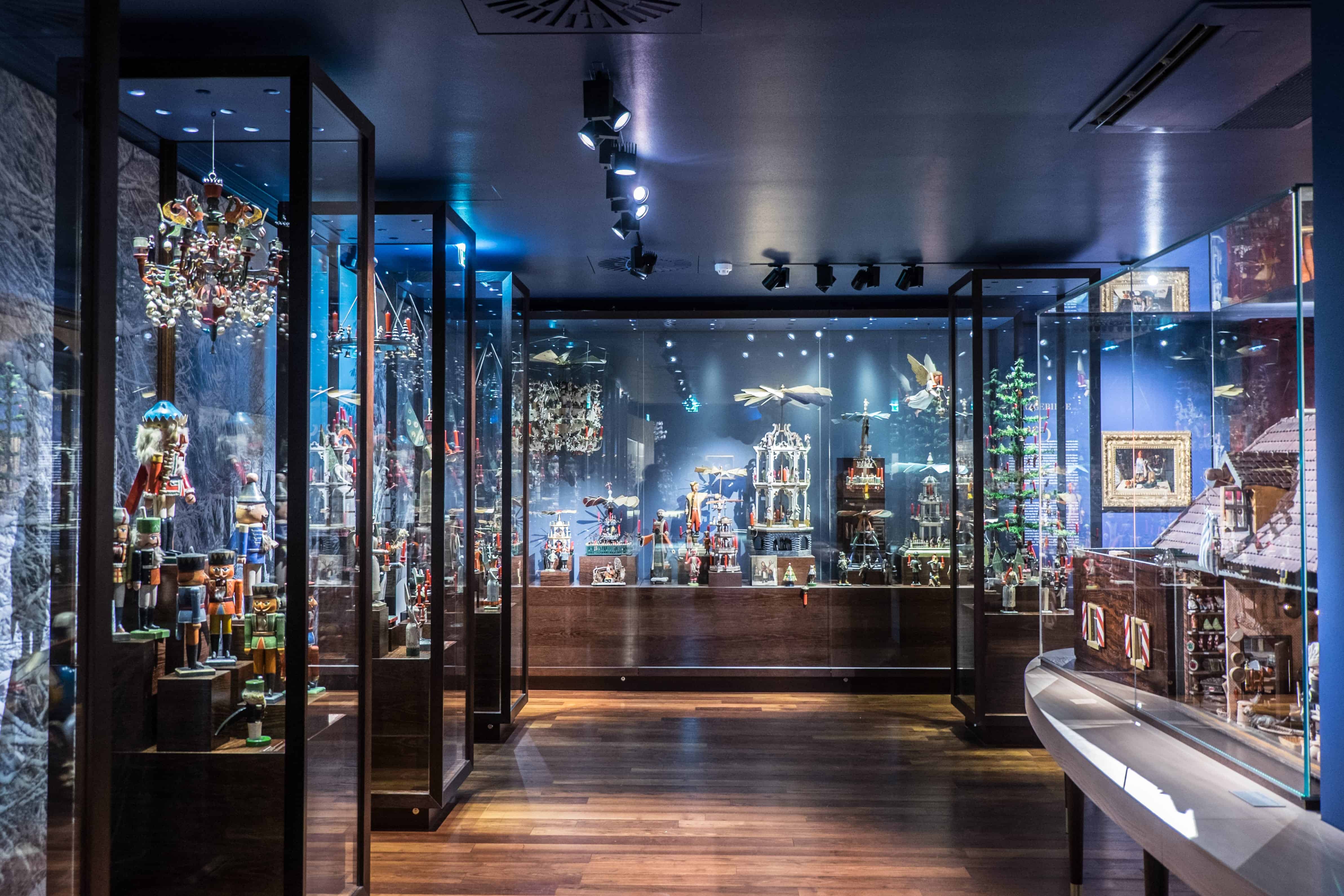 Exhibits in glass cabinets at the Christmas Museum in Salzburg Austria open all-year-round