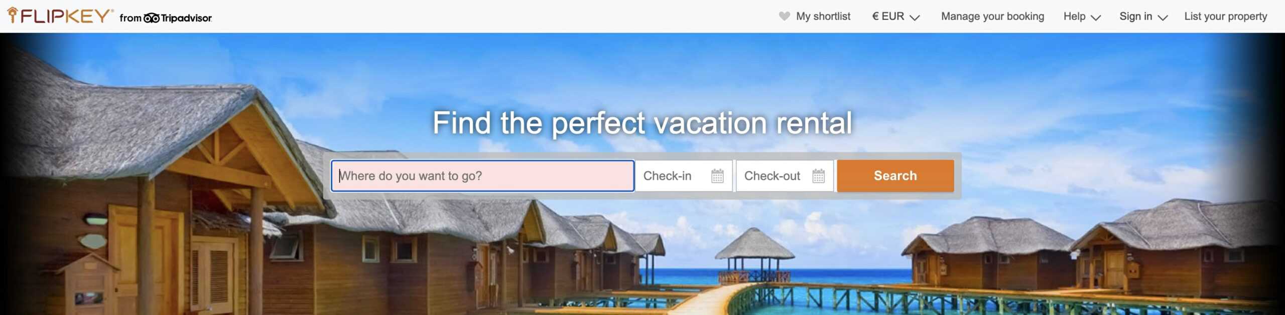 Search bar for vacation rentals on the Flipkey website.