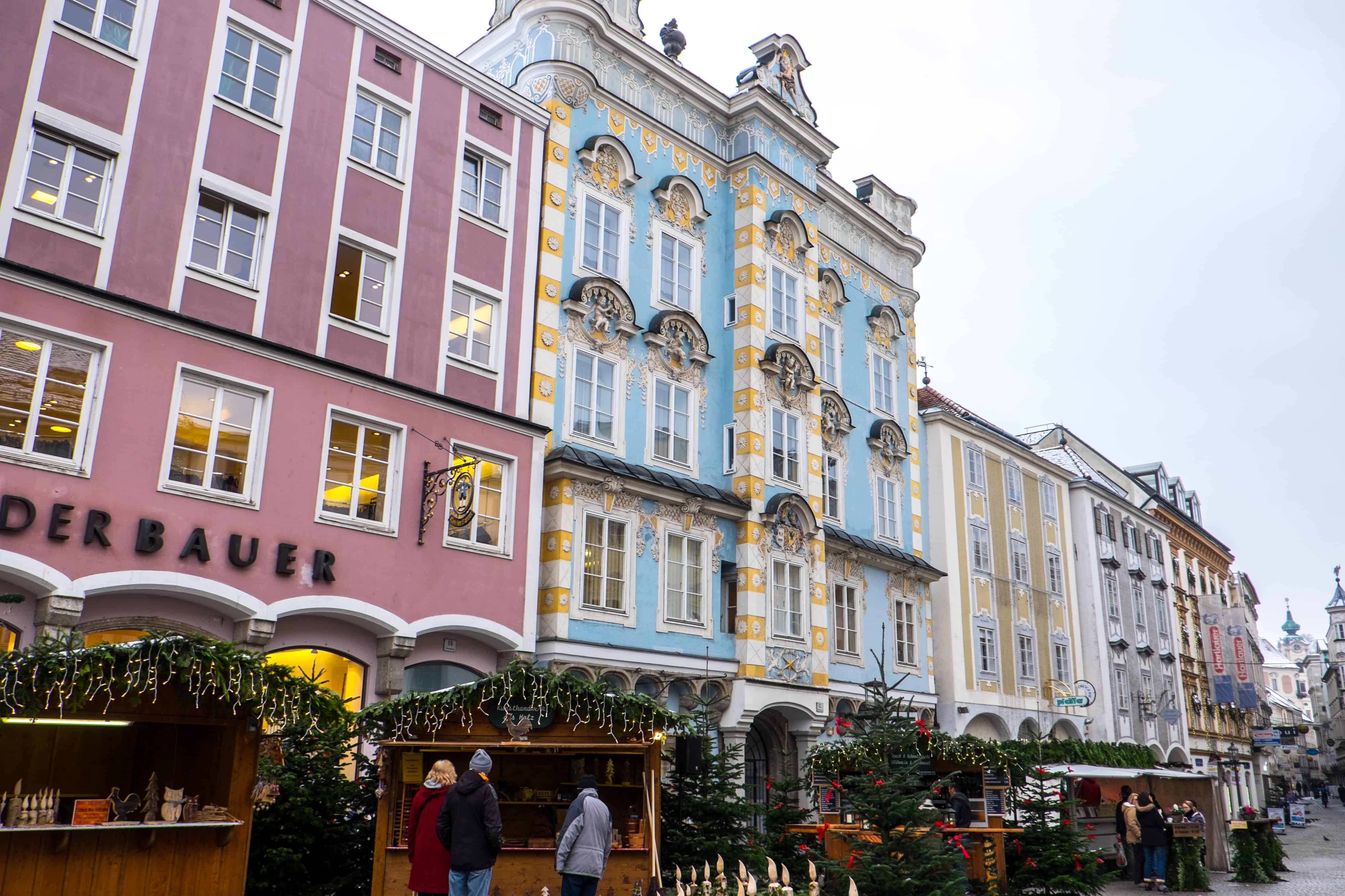 Blue, pink and yellow Baroque and Gothic architecture of Steyr in Austria