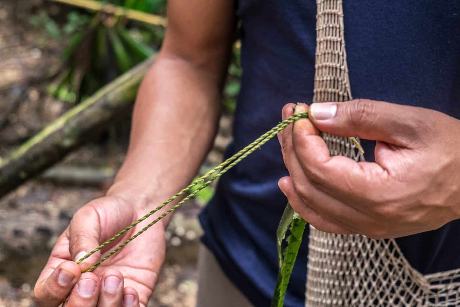 A pair of hands stretching out green rope made form plants – a survival tool in the Amazon. 
