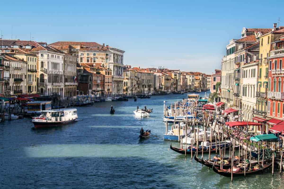 View of boats and gondolas on the grand canal in Venice 