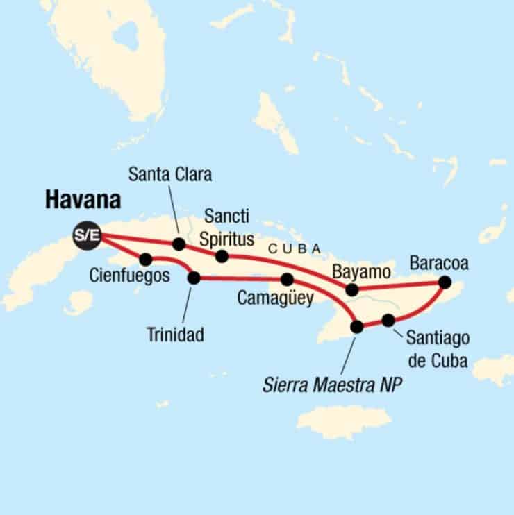 G Adventures Cuba Map of tour route