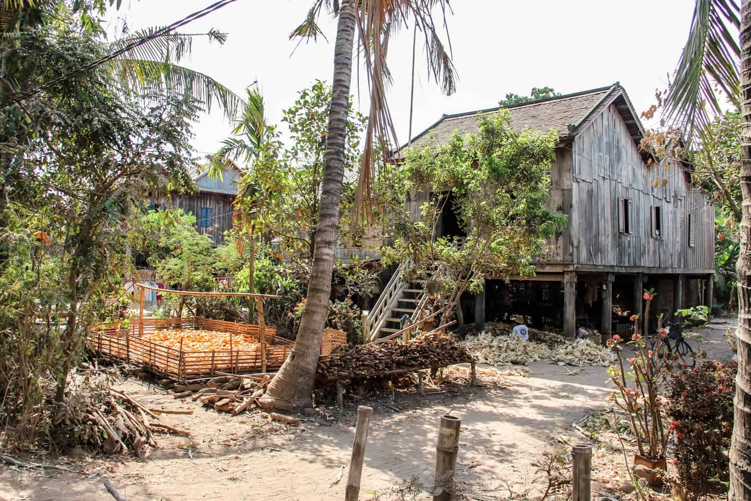 Houses on the Island connected to the bamboo bridge crossing in Kampong Cham, Cambodia