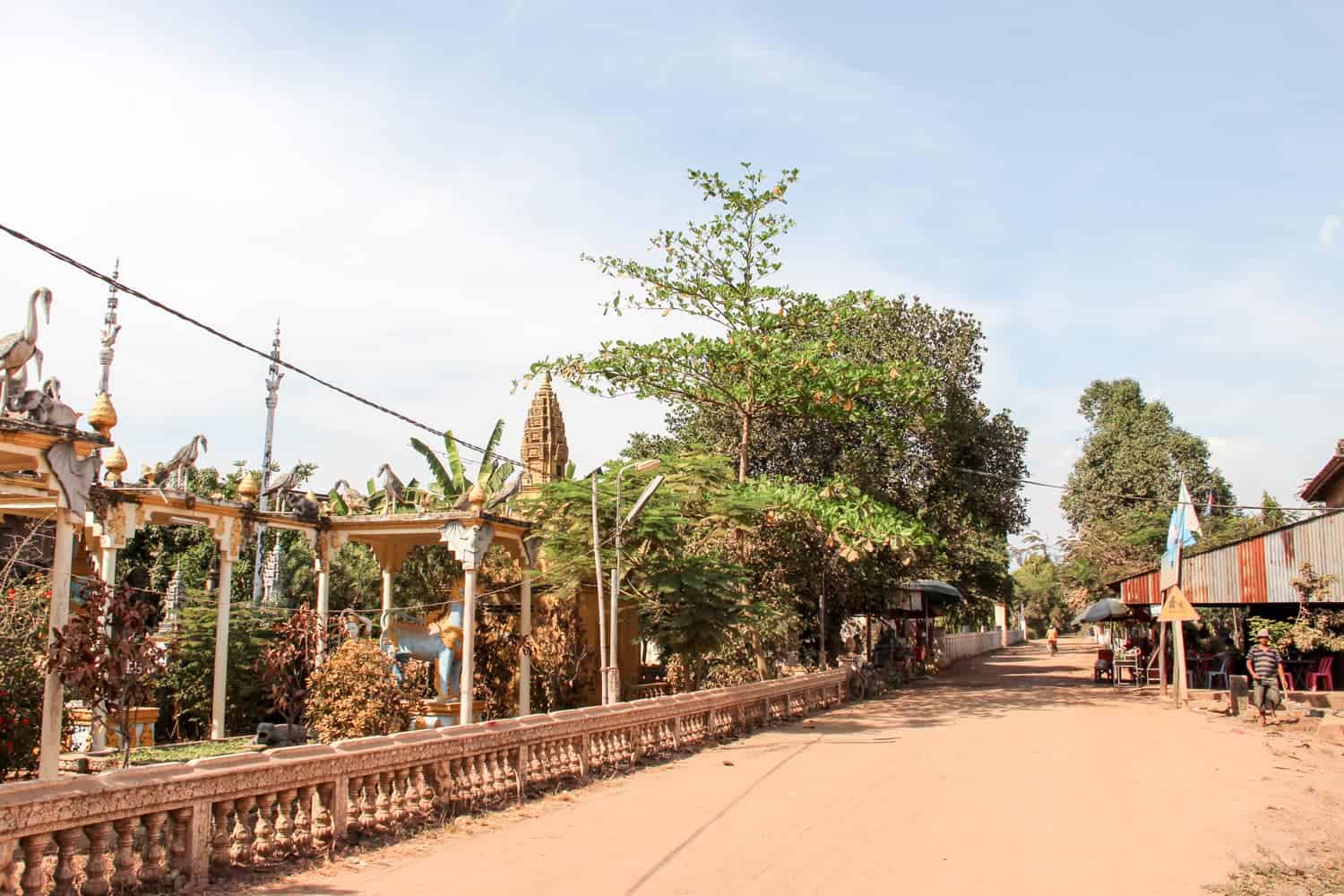 Temples on the Island connected to the bamboo bridge crossing in Kampong Cham, Cambodia