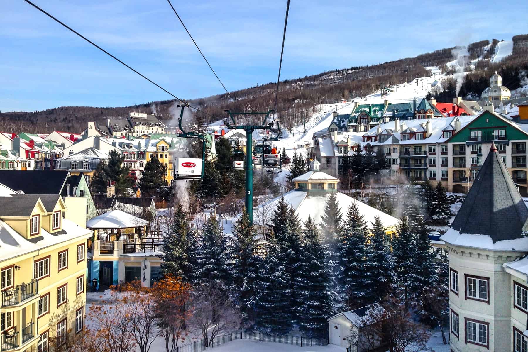 View from the open air Le Cabriolet Cable Car ride over colourful Mont Tremblant village in winter. 