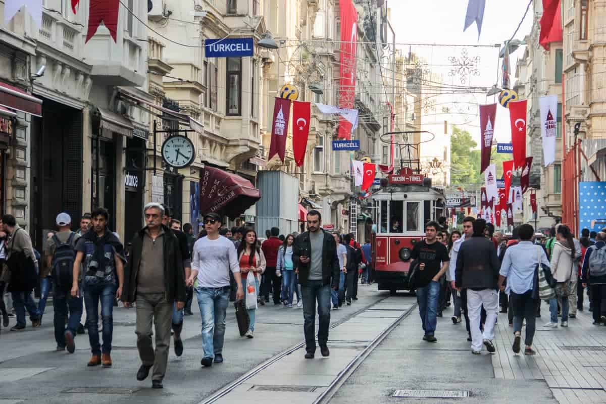 Red tram on Istiklal Street in Istanbul