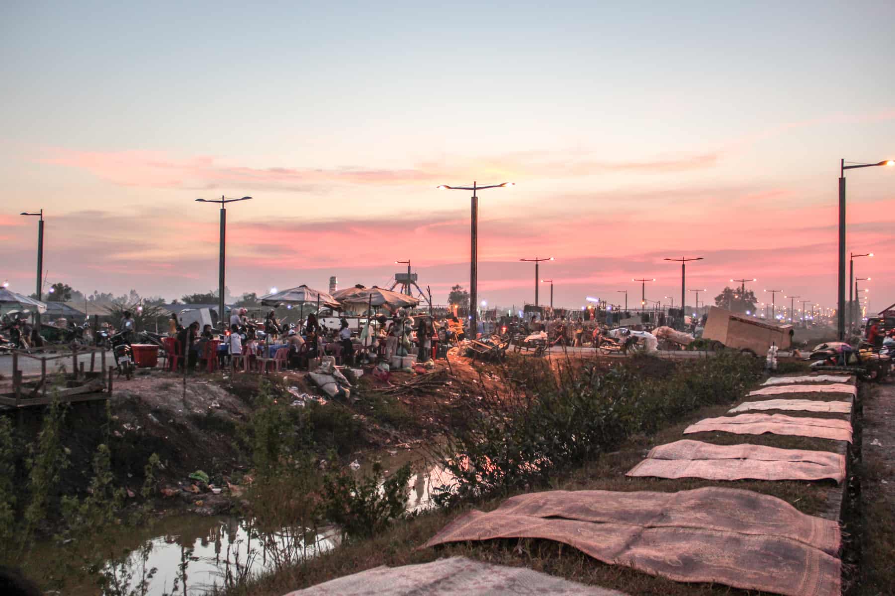 Blankets are laid down on grassland next to a small pool of water and bustling tables of people re huddled together under a pink sky.