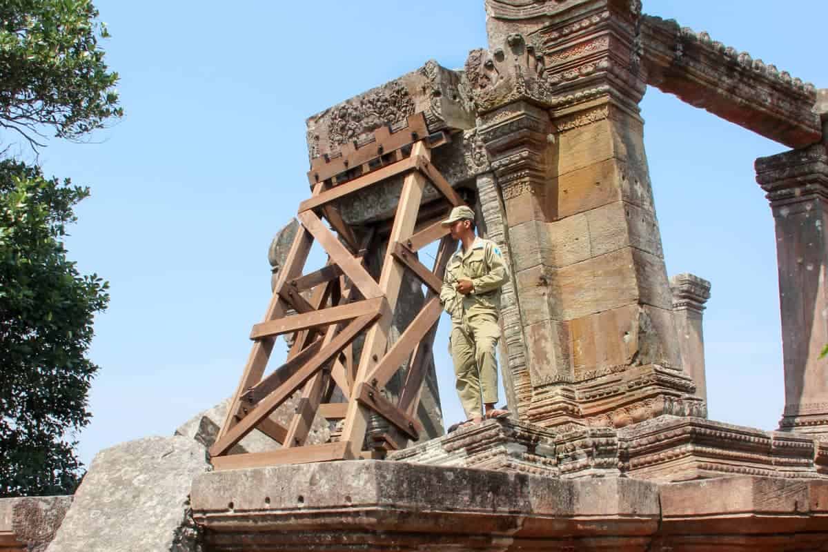 Army man protecting Preah Vihear Temple in Cambodia. 