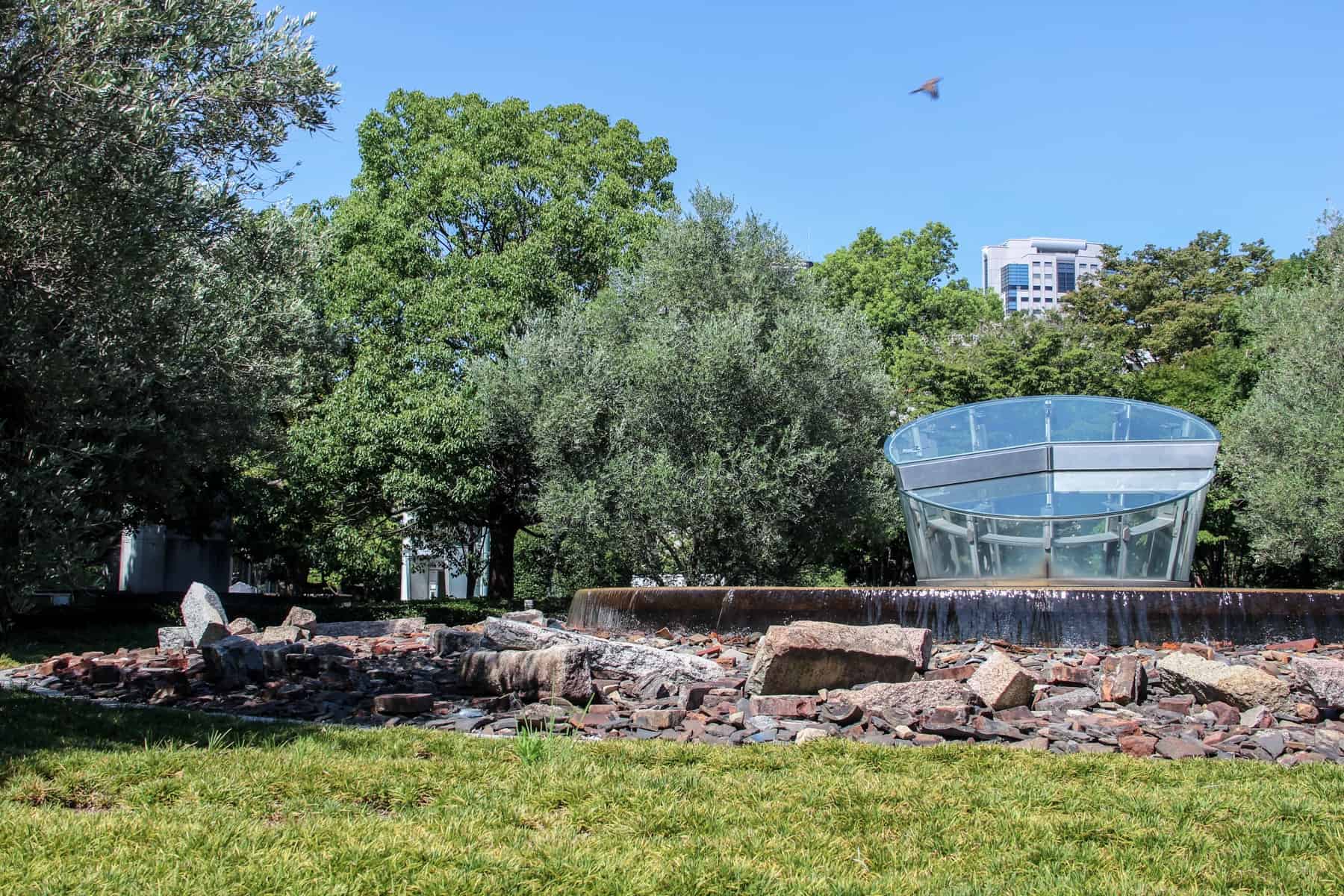 A glass clock in Hiroshima Peace Park Memorial showing the time 8:15 am, in reference to the atomic bomb on August 6th 1945.