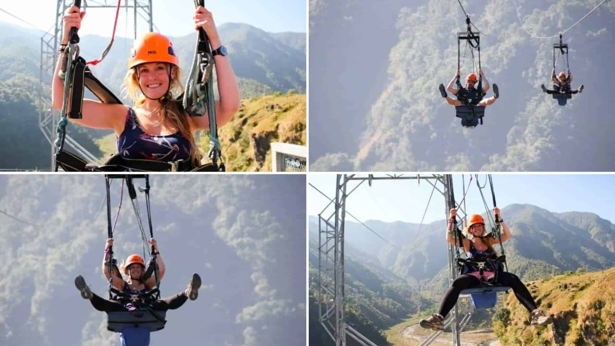 Four images of tourists in the chair harness riding the longest zipline in Nepal