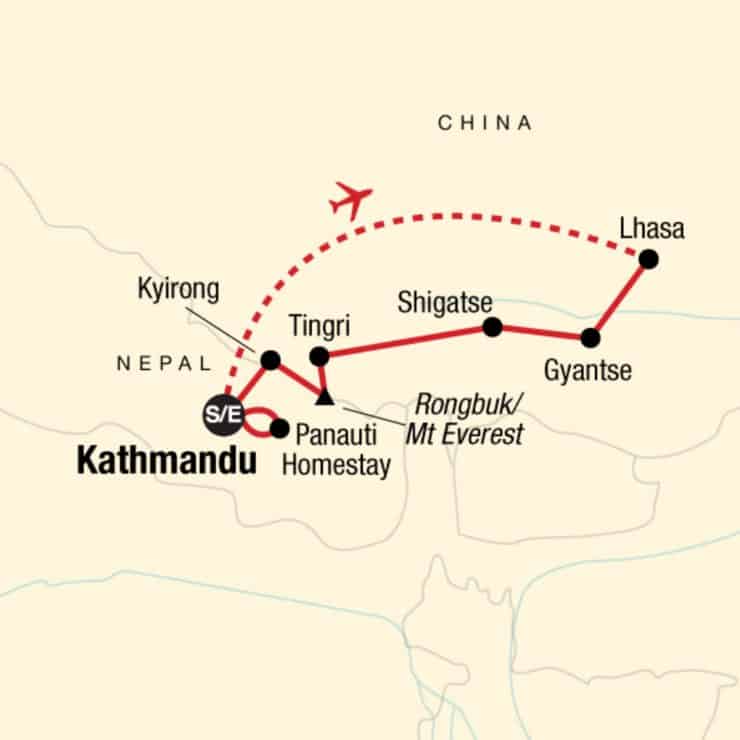Travel Tibet tour map showing overland route from Lhasa to Kathmandu