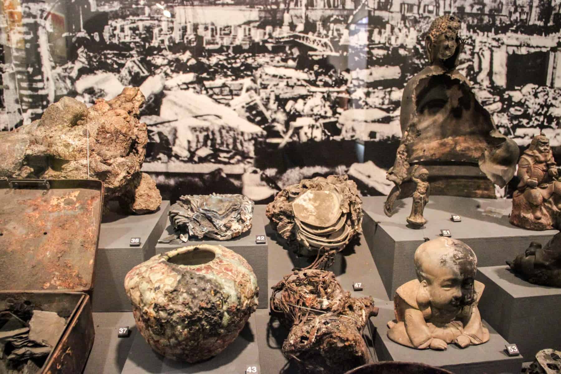 Charred, burnt and melted objects on display at the Hiroshima Peace Memorial Museum. 