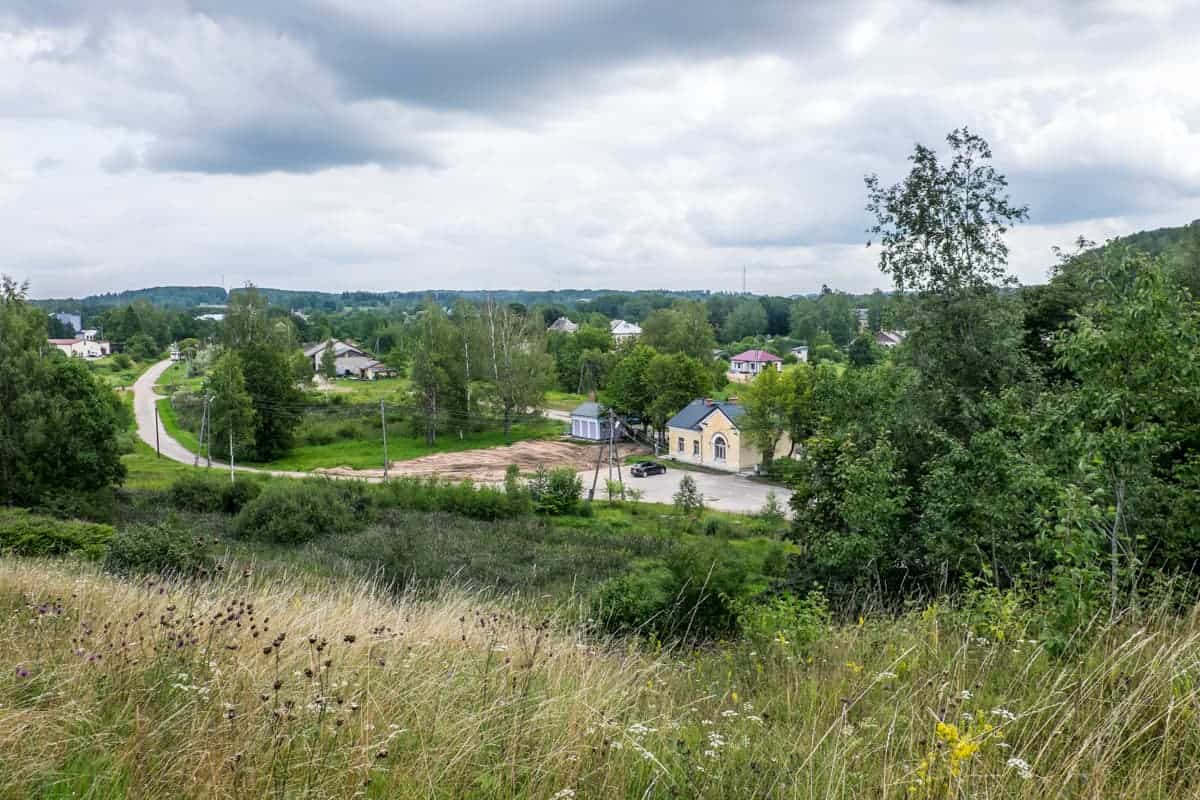 Elevated view of yellow structure known as 'The Station', the renovated old railway station in Ergli, Latvia