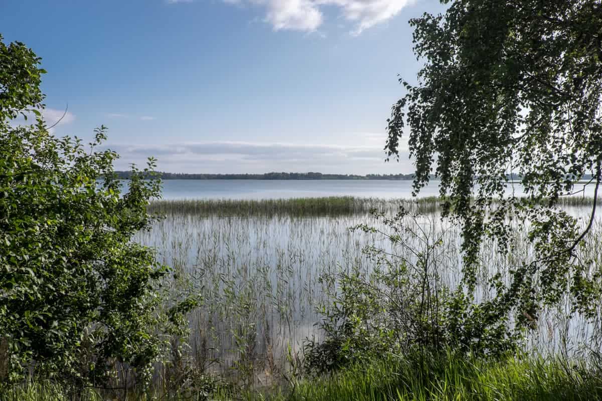Vista desde el camino de las vastas aguas azules del lago Alauksts Ezers en Letonia, el lago más grande del país