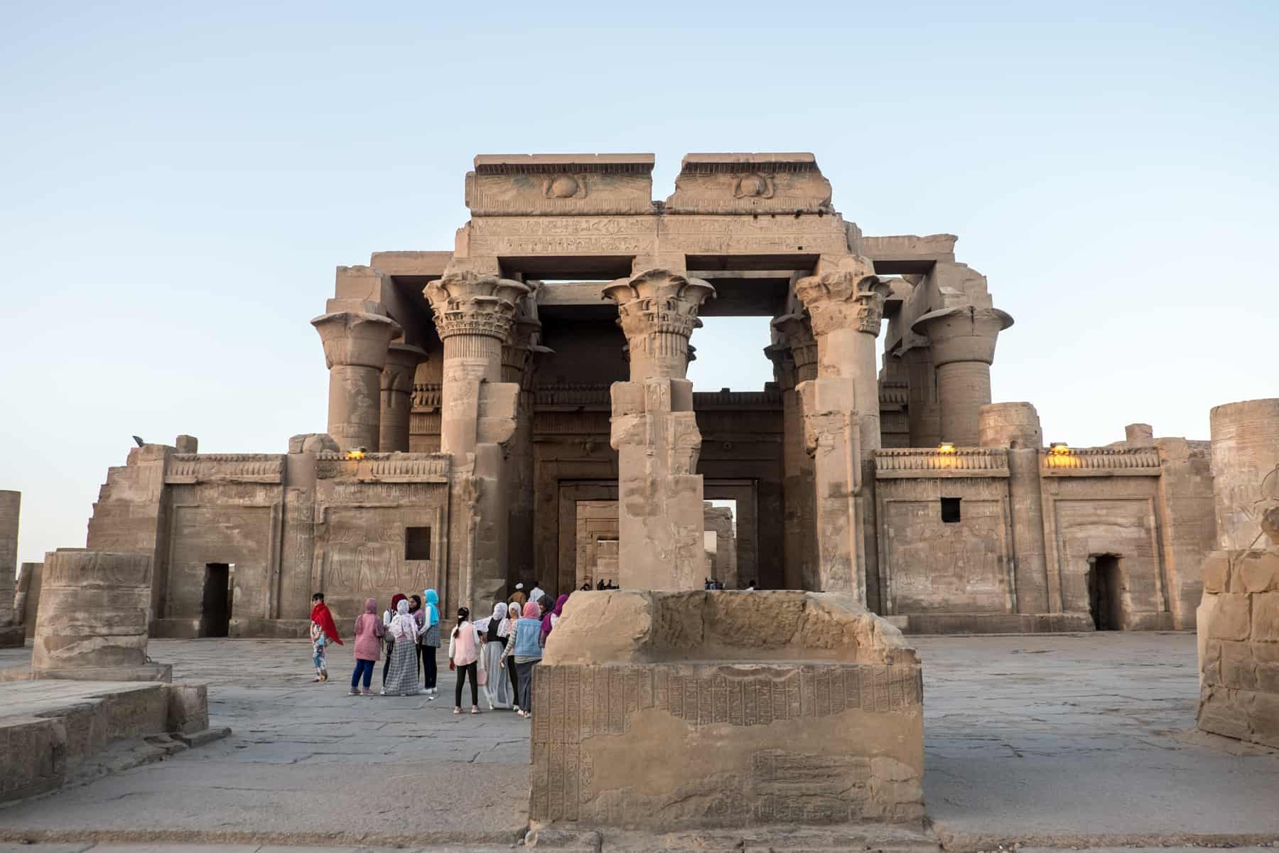 The rectangular 10 columned entrance to the Kom Ombo temple on the banks of the River Nile in Egypt