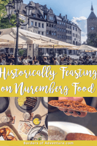 Top shows people dining outside in Nuremberg, Germany. Bottom image shows the famed Nuremberg sausages and Gingerbread