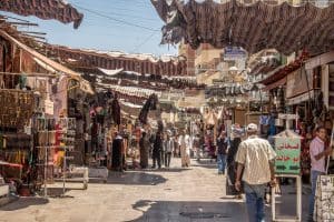 Endless stalls line the wide and busy Sharia el Souk in Aswan, mostly undercover from the heat.