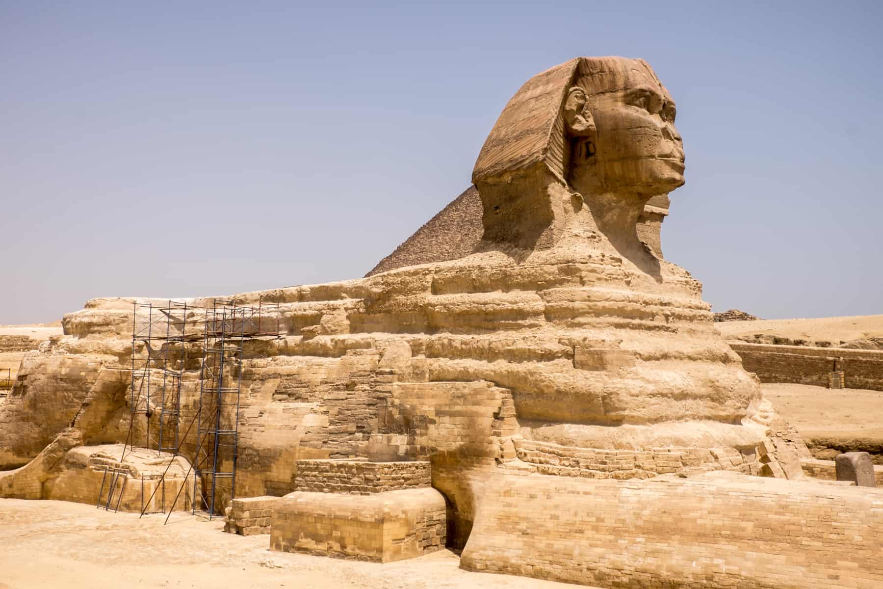 The golden stone tiered, cat and human faced Great Sphinx of Egypt in Giza