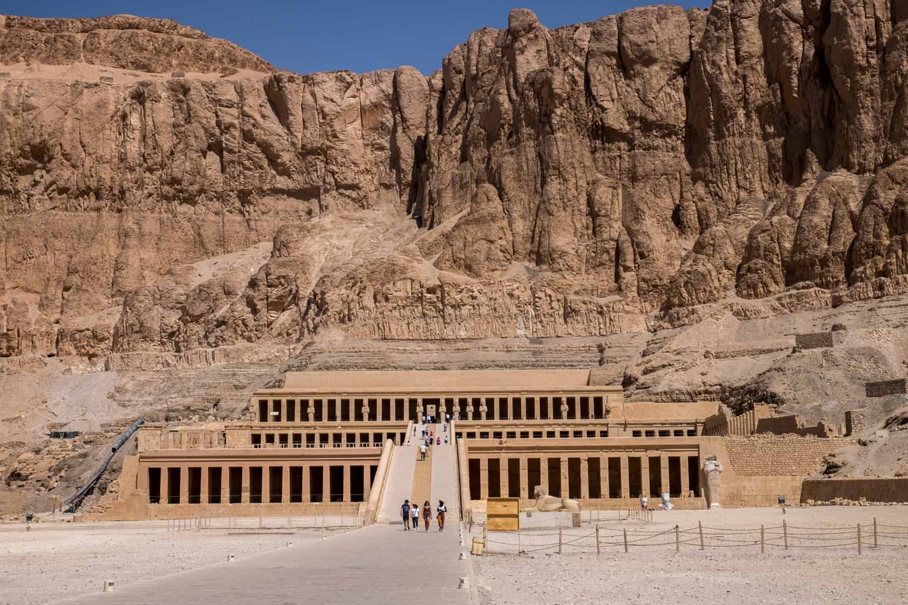 The classic architectural style made up of three levels of columns of the Temple of Hatshepsut in Luxor, Egypt