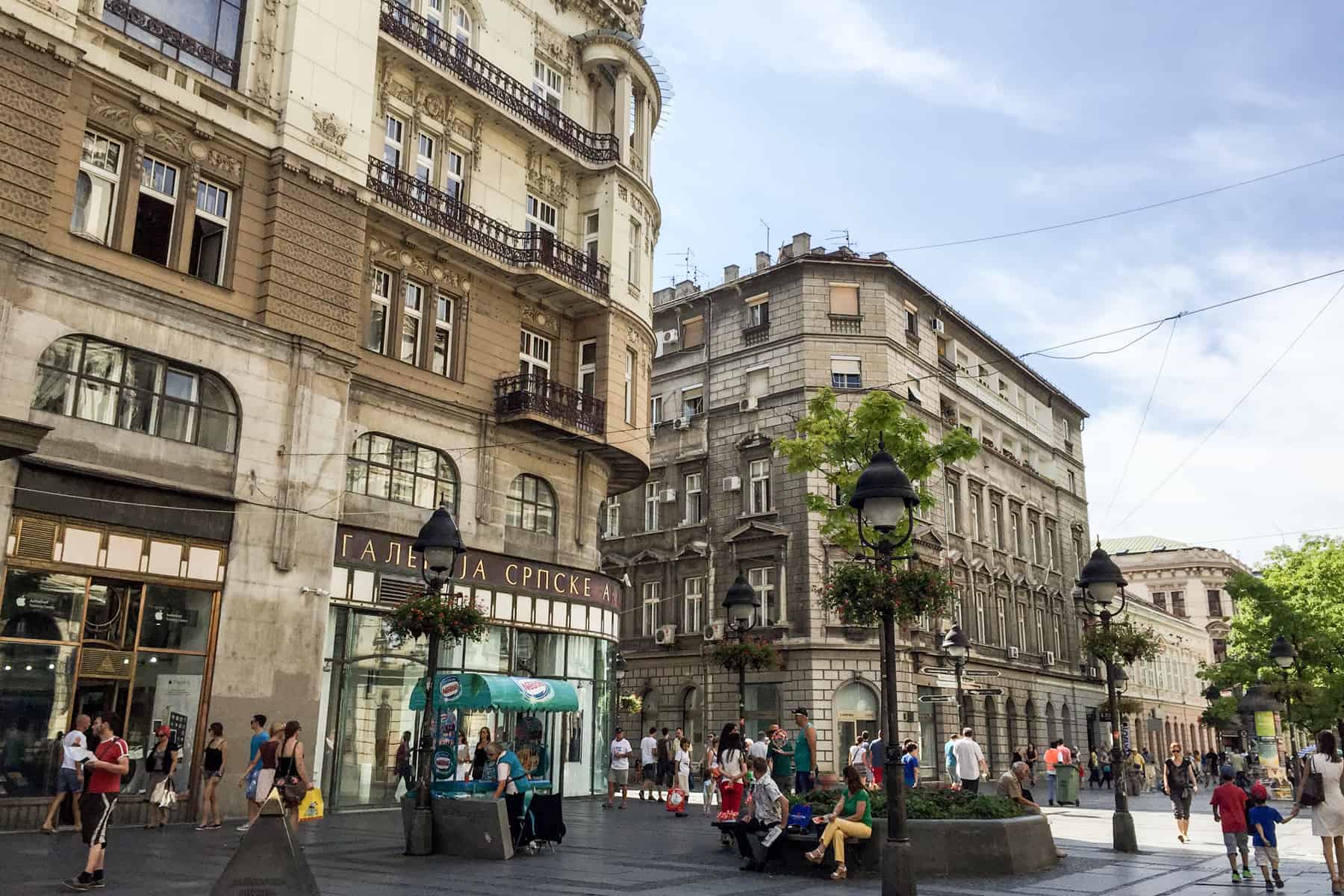 Beige and brown classical architecture buildings in a pedestrian street in Belgrade city. 