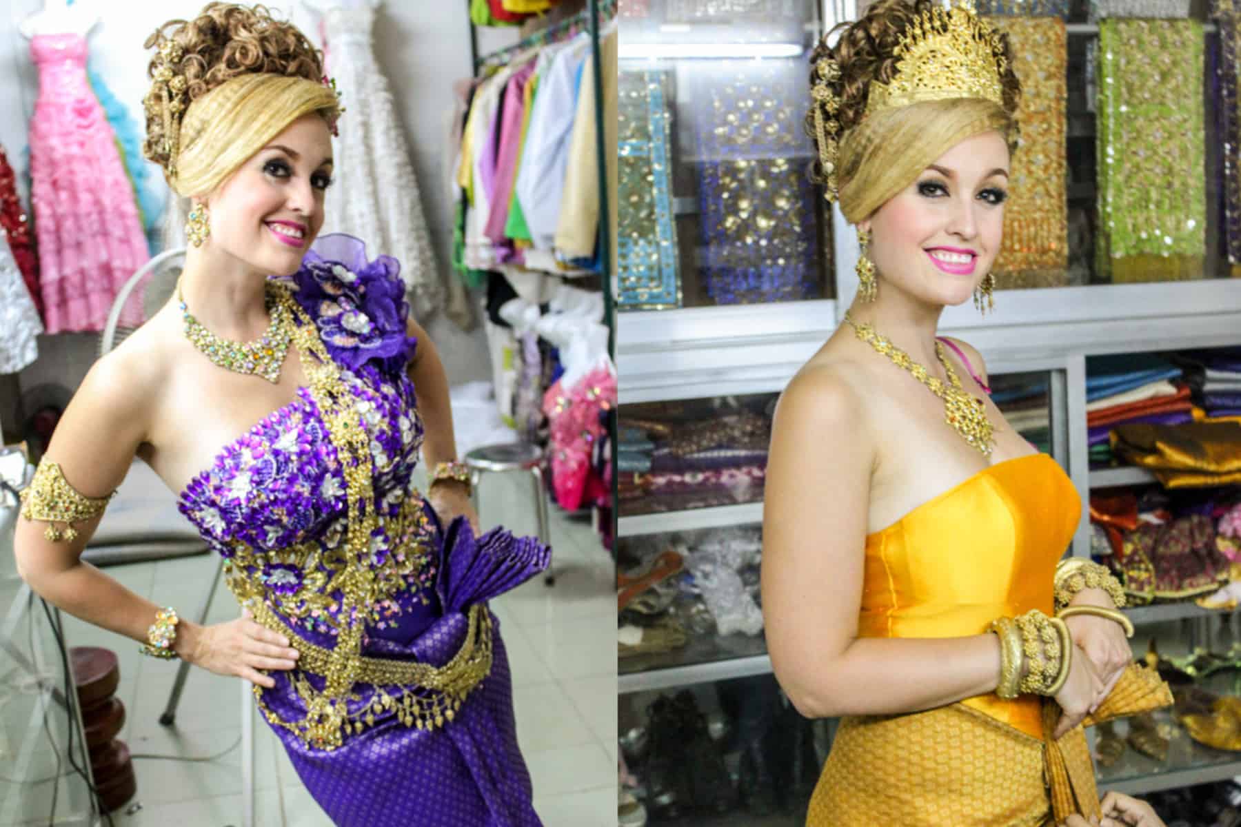 A woman wearing traditional Cambodian fashion dress. On the left, an embroidered purple outfit with gold accessories and on the right, an range gold outfit with matching accessories. 