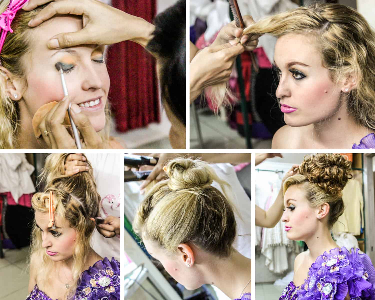 Five images showing a blonde woman in a purple dress having her hair and make up done at a traditional Cambodian photo shoot.