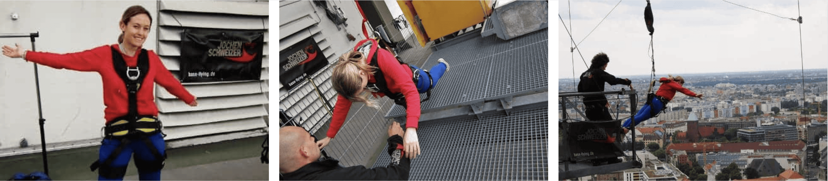 Three pictures show a woman in a hareness, face down preparing to flu and hanginf off the edge of a building ready to base jump in Berlin.
