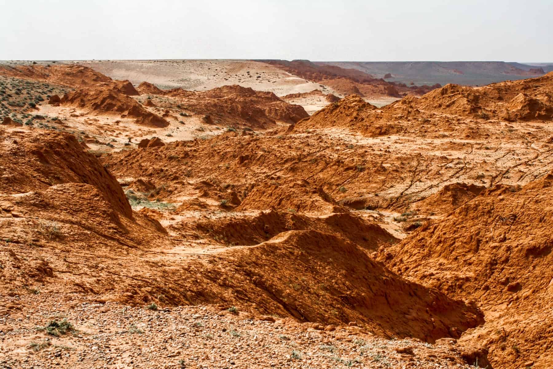 The firey orange rocky layers of the Bayanzag Flaming Cliffs, which you can visit when you travel to Mongolia