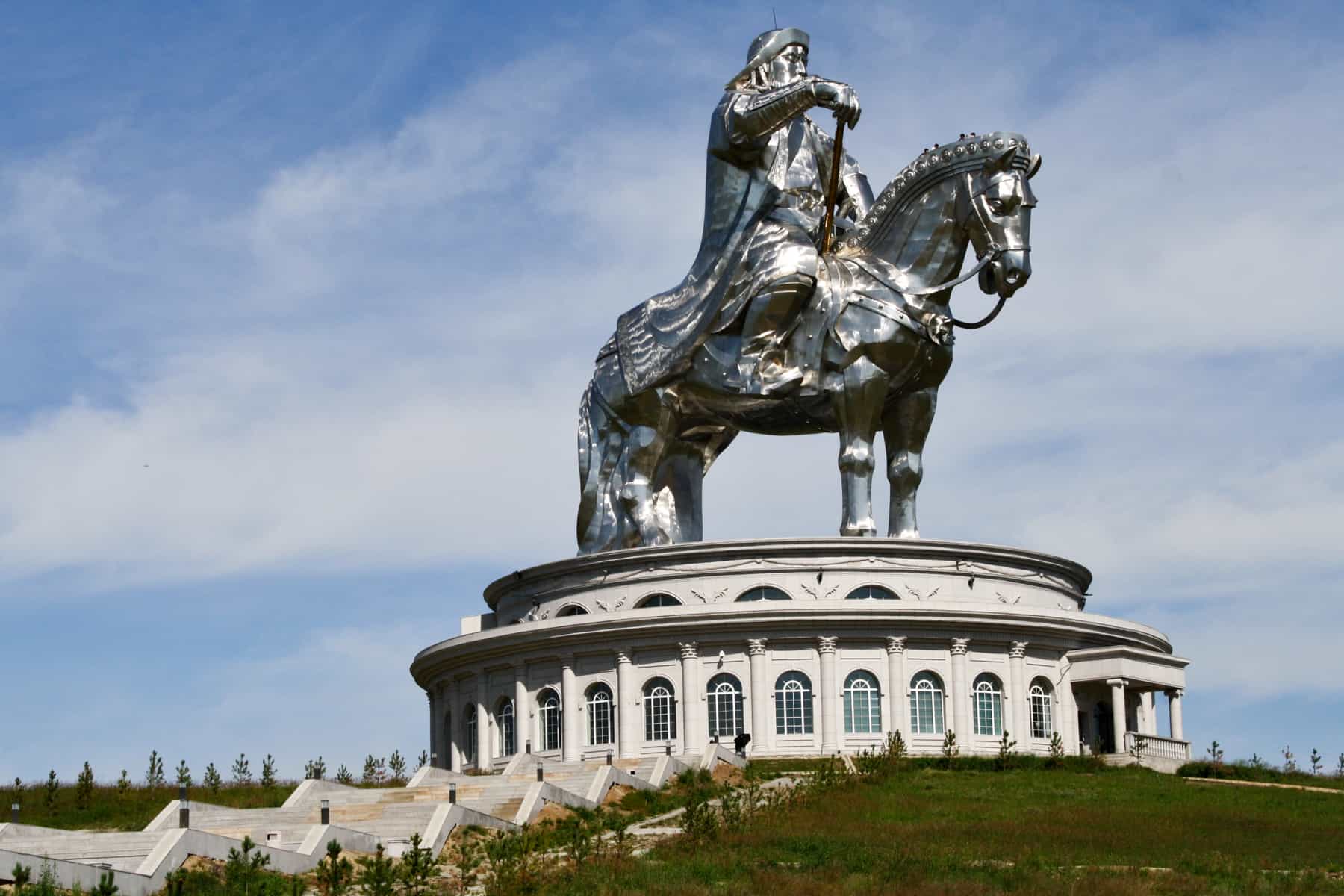 the giant, silver Genghis Khan Equestrian Statue in Mongolia
