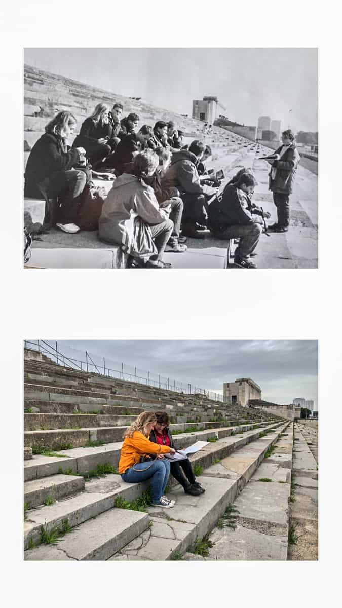 A school class visits the site of the Nazi Party Rally grounds in Nuremberg with a guide, and one of those school children visits the same site 20 years later on the lower image
