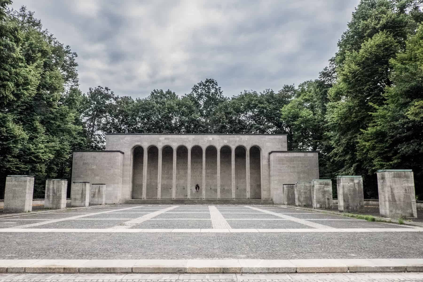 The nice column archways make up the facade of the rectangular Hall of Honour monument in nuremberg that was used as one of the staging grounds for the Nazi Party Rallies