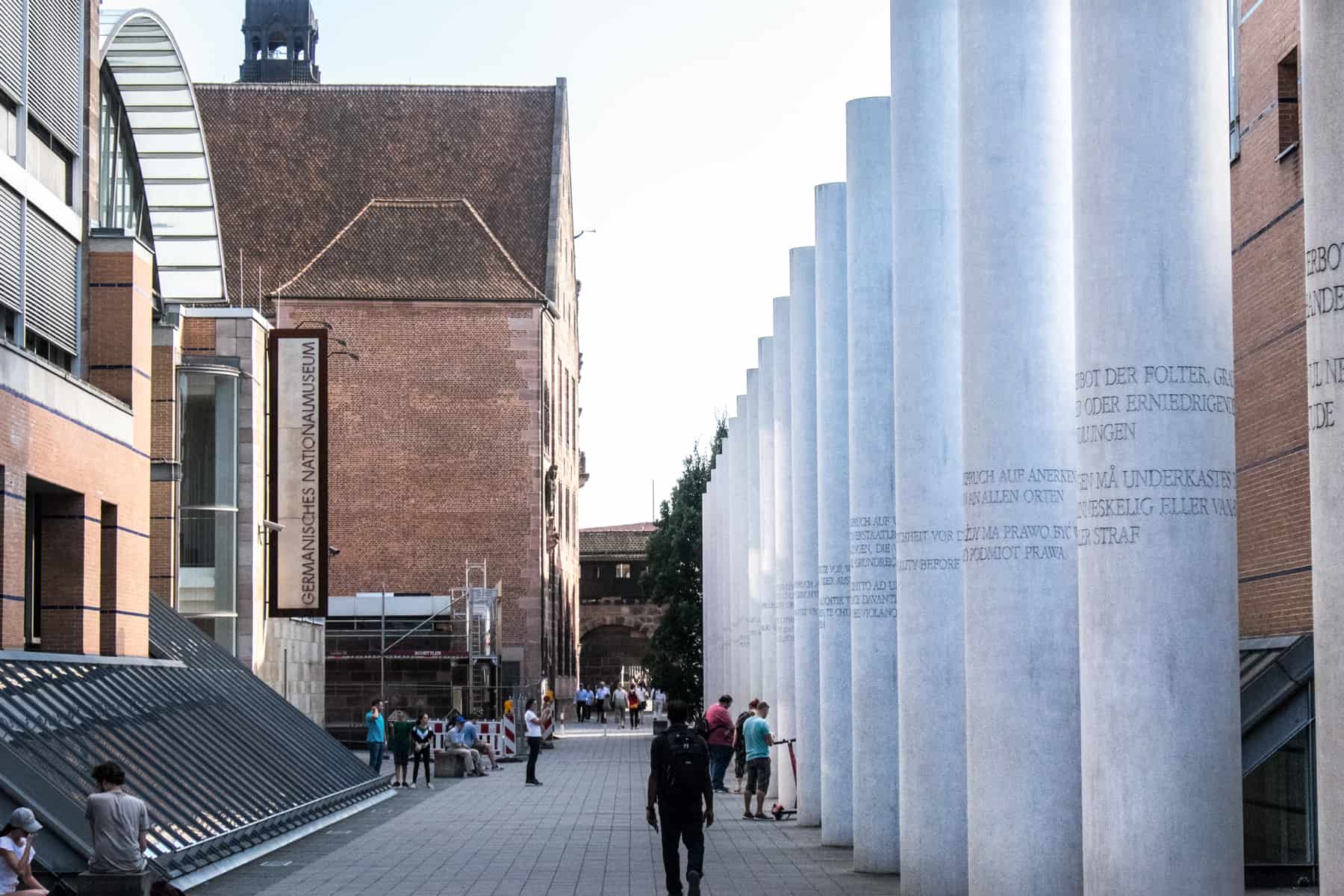 A view of the 27 white columns of the Way of Human Rights in Nuremberg as part of its standing as 'The City of Peace and Human Rights'
