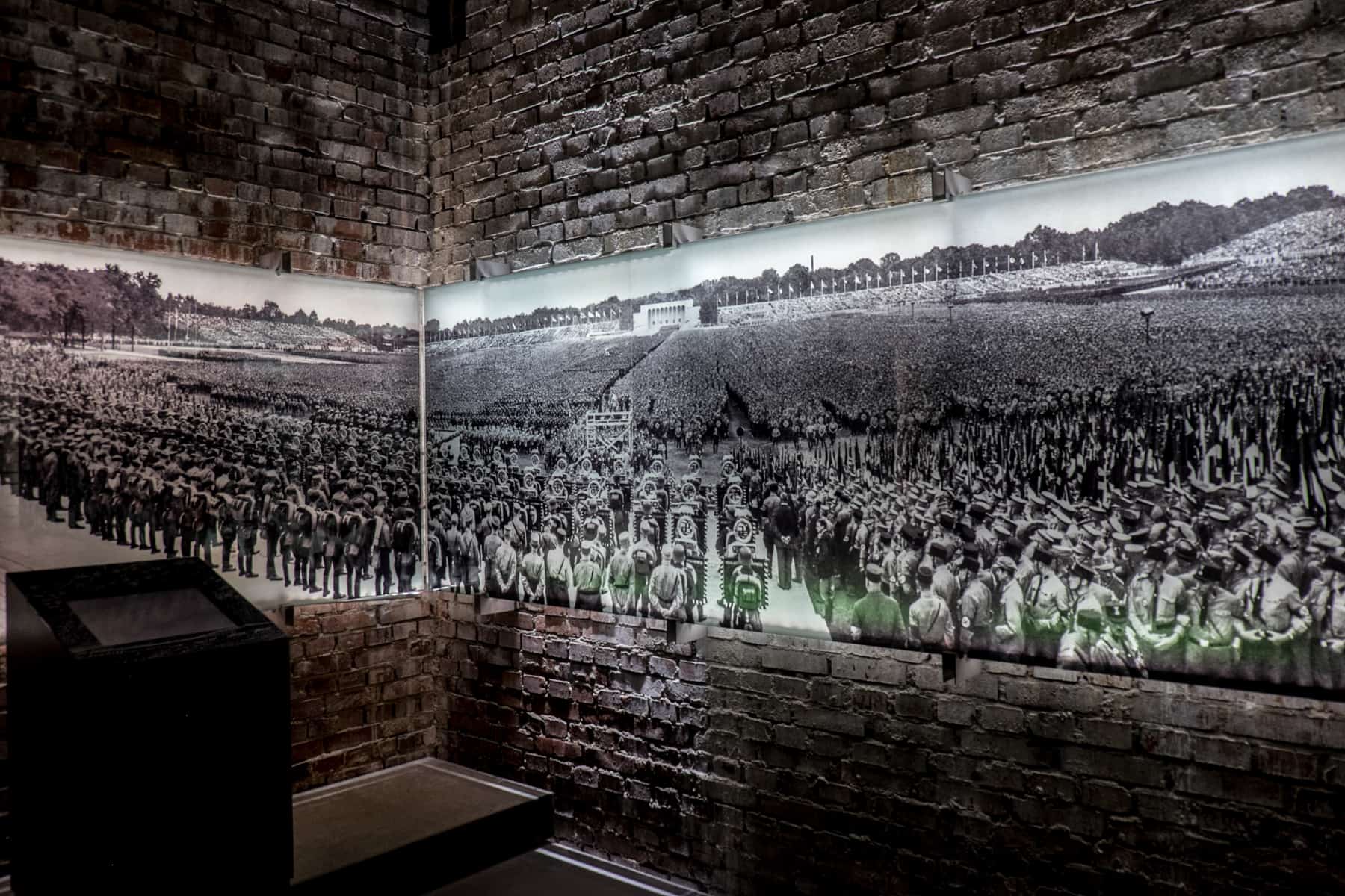 A black and white photograph of a Nazi Party Rally in Nuremberg on display at the Nuremberg Documentation Centre Exhibition