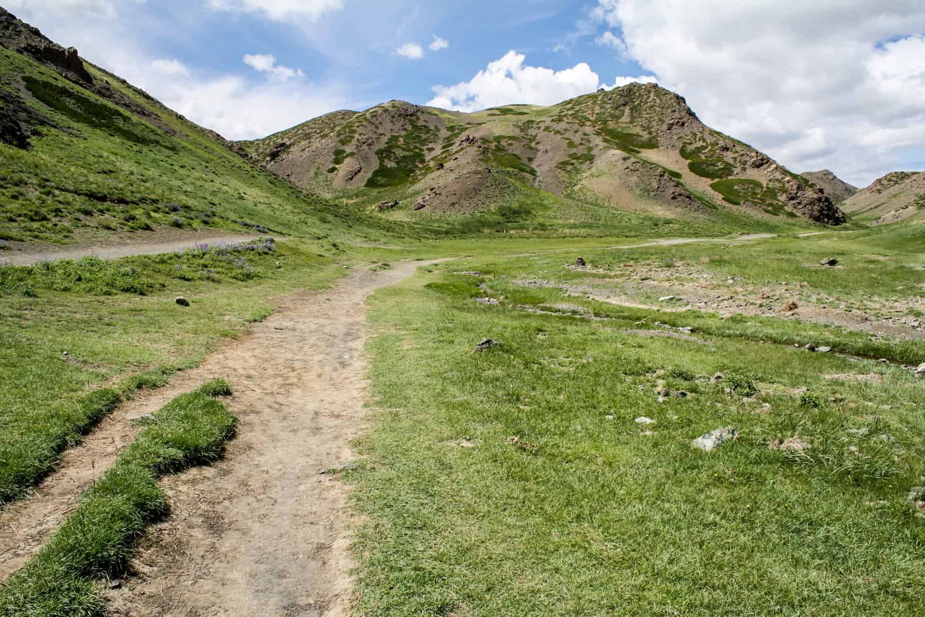 Un camino de luz atraviesa la hierba verde, hacia los picos suaves en el valle de Orkhon, Mongolia