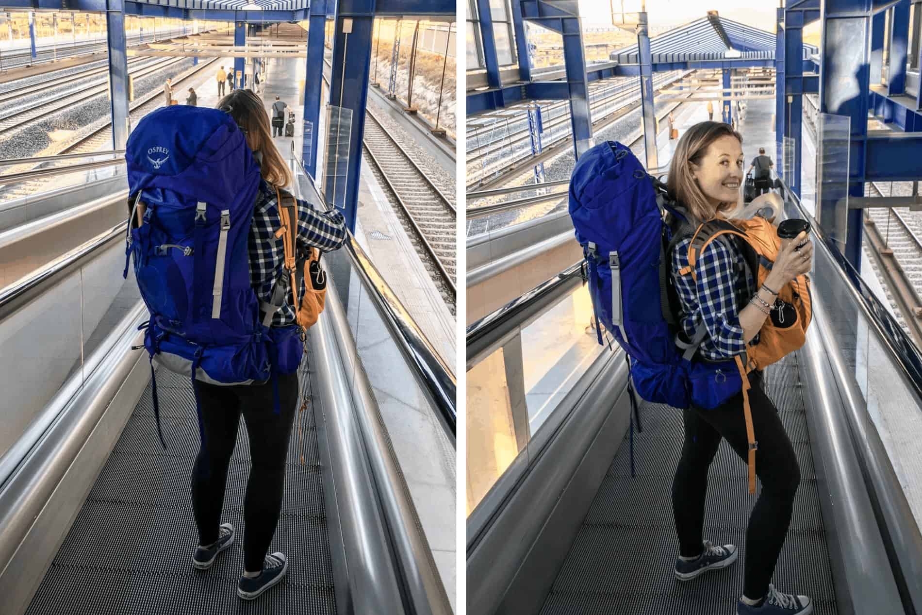 A woman wearing a large blue backpack and yellow day pack on front. 