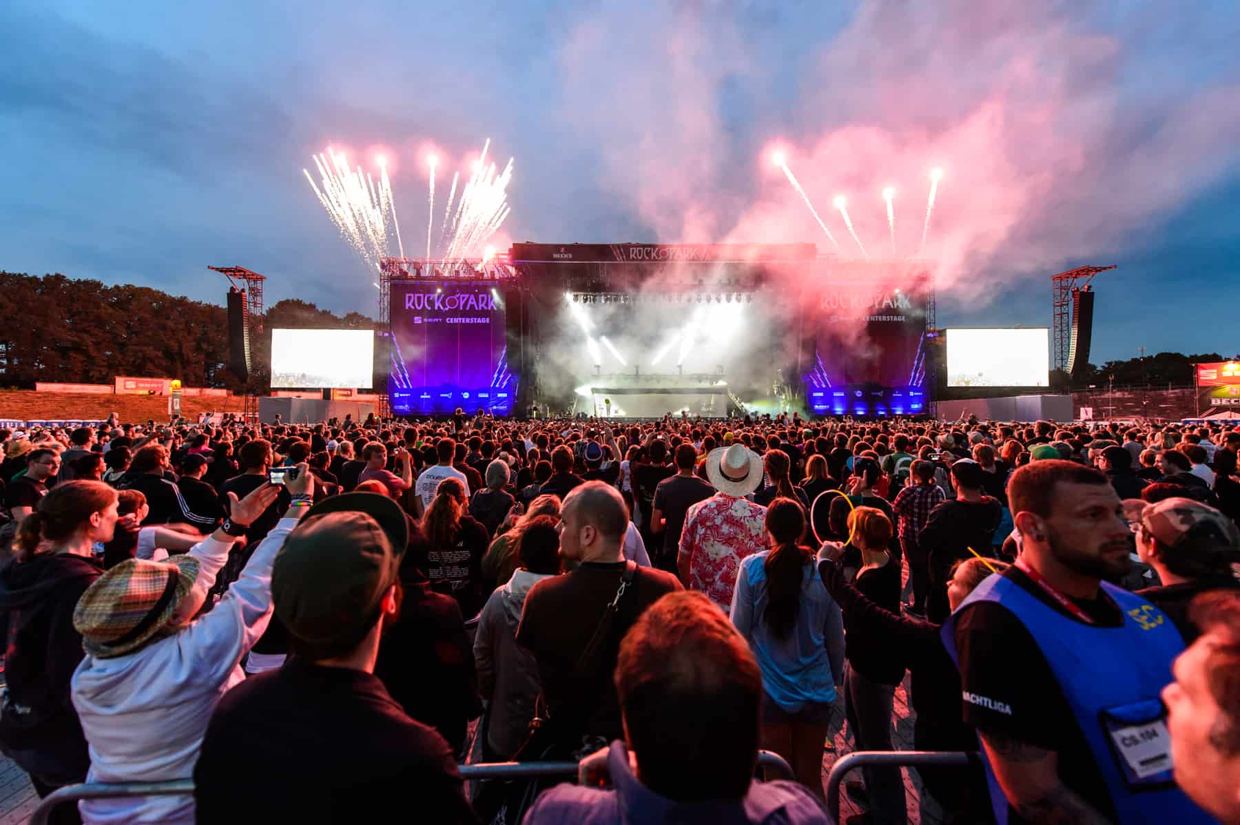 The crowd watches fireworks exploding from the stage at Nuremberg's rock festival, Rock im Park