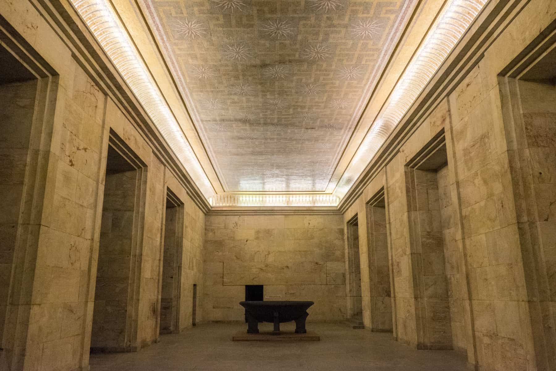 The former Nazi Party Rally Grounds site of the Golden Room with a swastika decorated ceiling and high arch walls, inside the former Zeppelin Field Tribune building