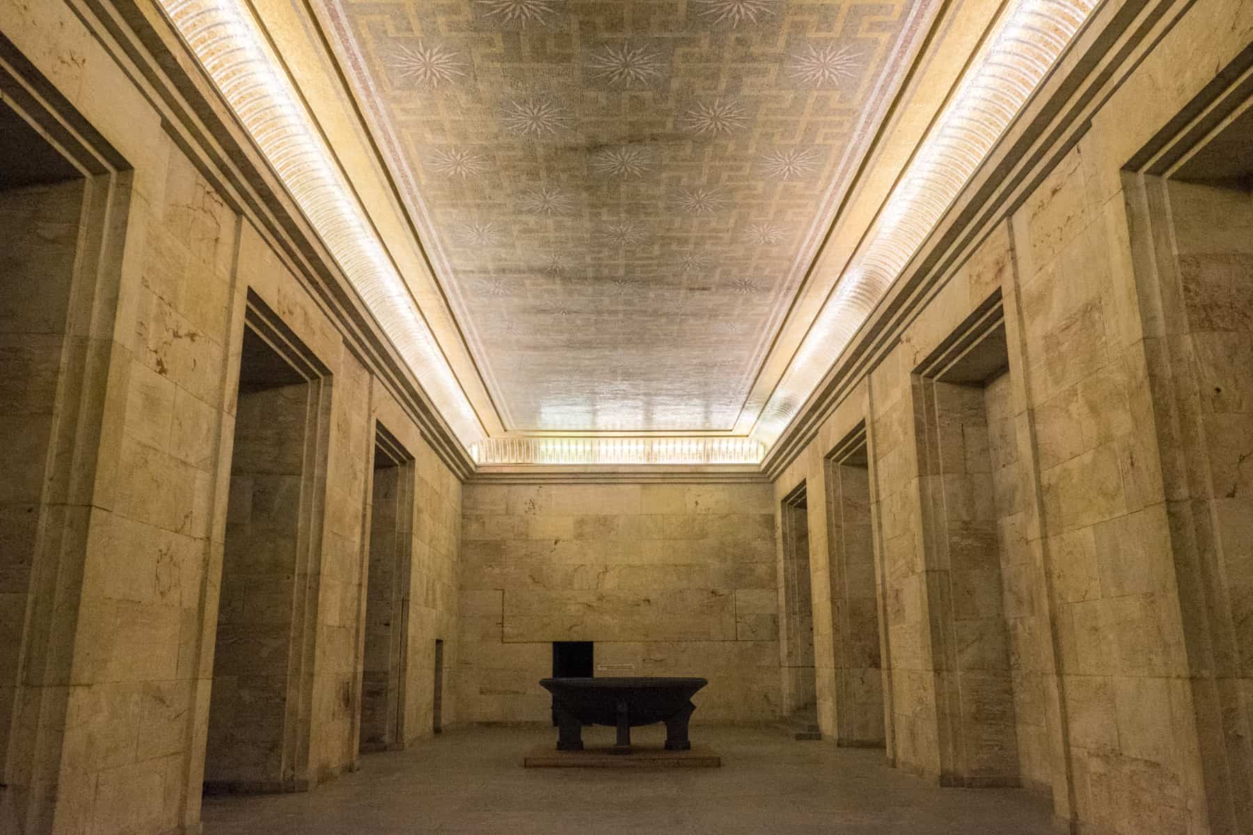 The former Nazi Party Rally Grounds site of the Golden Room with a swastika decorated ceiling and high arch walls, inside the former Zeppelin Field Tribune building